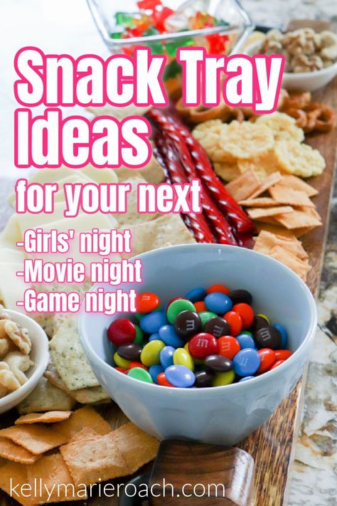 Snack tray | charcuterie board | movie night snacks | girls night in snack ideas | game night snacks | how to put together a snack board | ingredients to put on a snack board | snack tray ideas Hockey Game Night Snacks, Charcuterie Board Ideas Game Night, Snacks To Bring To A Friends House, Game Night Charcuterie Board Ideas, Snacks For Card Party, Charcuterie Board Game Night, Paint Night Snacks, Easy Movie Snacks At Home, Snack Board For Movie Night