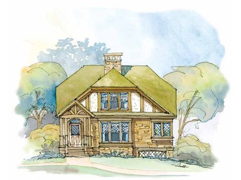 Tudor House Plan with 1319 Square Feet and 2 Bedrooms from Dream Home Source | House Plan Code DHSW42729 Tudor Cottage House Plans, Storybook Cottage House Plans, Tudor Design, Tudor Style House, Tudor House Plans, Two Sided Fireplace, Tudor Cottage, European House Plans, Shingle Exterior