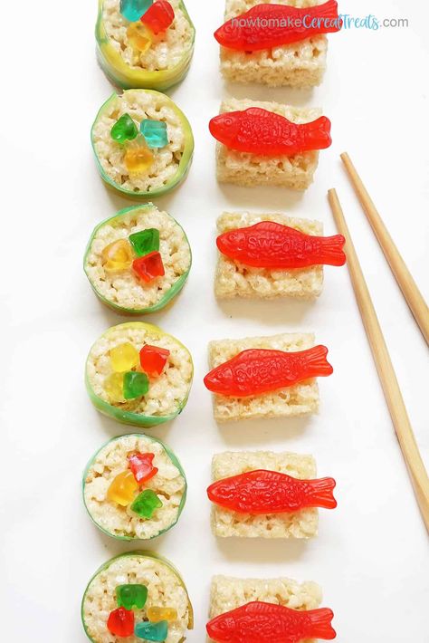 Sushi For Kids, Candy Sushi, Maki Sushi, Easy Rice, Sushi Party, Krispie Treats Recipe, Cereal Treats, Kawaii Cooking, How To Make Sushi