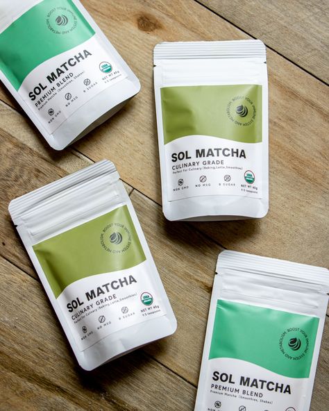 Spirulina Packaging, Matcha Packaging Design, Matcha Packaging, Tea Labels, Matcha Chocolate, Tea Packaging Design, Matcha Smoothie, Fruit Packaging, Small Business Packaging Ideas