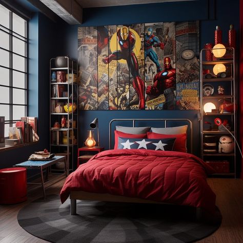 Marvel bedroom kids room interior Avengers Bedroom Ideas, Avengers Themed Bedroom, Marvel Boys Bedroom, Marvel Boys Room, Marvel Room Ideas, Marvel Room Decor, Avengers Room Decor, Spiderman Bedroom, Avengers Bedroom