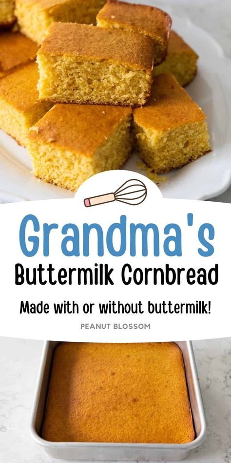 This classic southern buttermilk cornbread recipe can be made with or without buttermilk (see the notes for the easy substitution.) Serve it warm with a drizzle of honey and butter. Grandmas Cornbread Recipe, Cornbread Recipe Without Buttermilk, Easy Buttermilk Cornbread Recipe, Southern Buttermilk Cornbread, Easy Buttermilk Cornbread, Buttermilk Cornbread Recipe, Honey Buttermilk Bread, Peanut Blossoms, Buttermilk Bread