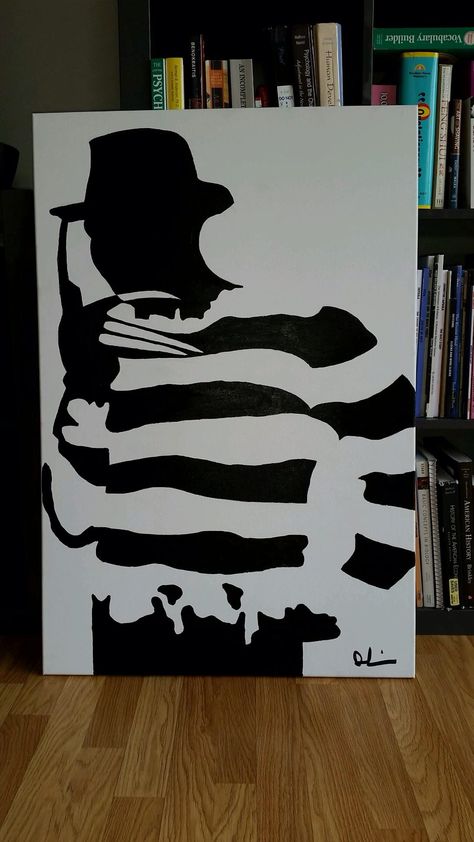 Painted for my sister for her bday! @ilovejaxandry super easy!! Googled silhouette of Freddy krueger, bought canvas from hobby lobby, already had black paint! Love you D'Ann!!! Freddy Krueger Canvas Painting, Micheal Myers Painting Canvas, Horror Paintings Easy Canvas, Scary Canvas Painting Ideas, Scary Halloween Paintings On Canvas, Beetlejuice Painting Canvas, Freddy Krueger Drawing Easy, Scary Movie Paintings, Chucky Painting Canvas