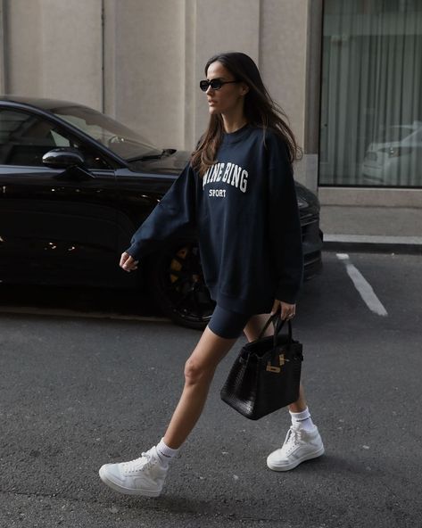 Alex Rivière on Instagram: "City run" Ariviere Style, Anine Bing Sweatshirt, 90s Athleisure, Pilates Outfits, Sloane Ranger, Neon Shorts, Pilates Clothes, Athleisure Trend, Active Outfits