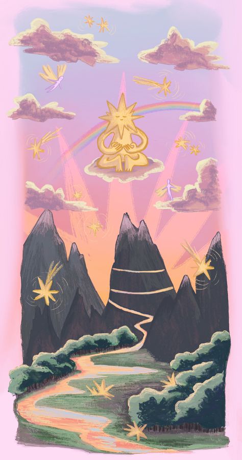 A little starry guy meditating above mountains in pink clouds while shooting stars and little fairies are around (illustration) Calm Wallpapers, Calm Down Wallpaper, Video Game Wallpaper, Meditation Wallpaper, Calm Wallpaper, Calming Wallpaper, 동화 삽화, Hippie Wallpaper, Cute Patterns Wallpaper