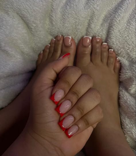 Short Acrylic Red French Tip, Short Nail Designs Summer Black Women, Red Acrylic Short Nails, Cherry French Tip Toes, Short Square Red French Tip Nails, Summer Nail Inspo Black Women, Red Short Nails Black Women, Shorties Nails Red, Red French Nails Short