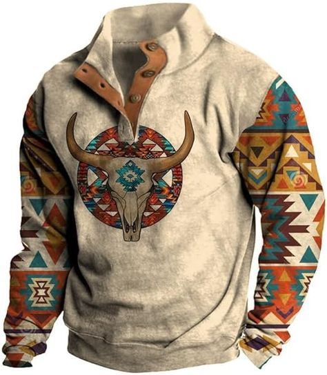 Bengbobar Men's Aztec Western Fleece 1/4 Button Pullover Jackets 3D Printed Cowboy Warm Hoodie Coats Ethnic Vintage Shirt Beige Stand Collar Casual Long Sleeve Tops at Amazon Men’s Clothing store Cowboy Fashion, Graphic Hoodie, Stand Collar, Fashion Casual, Cowboy, Mens Graphic, Sweatshirts