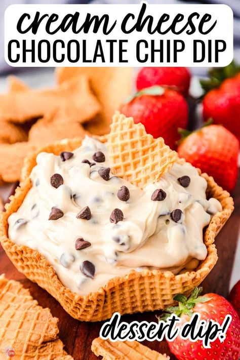 This chocolate chip cheesecake dip recipe is the best no bake dessert for any gathering. Full of a creamy cheesecake base and studded with chocolate chips. Serve it with your favorite fresh fruit and sweet crackers or cookies. #dessertdips #sweetdips #chocolatechipdip #cheesecakedip Chocolate Chip Dip Recipe, Sweet Crackers, Chip Dip Recipe, Cream Cheese Chocolate Chip, Cheesecake Base, Cheesecake Dip Recipe, Chip Dip Recipes, Chocolate Chip Dip, Cheese Dips