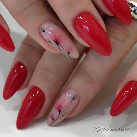 Nail Polish Art Designs, Nail Polish Art, Her Nails, Red Nail Designs, Almond Nails Designs, New Nail Art, Floral Nails, Fancy Nails, Flower Nails