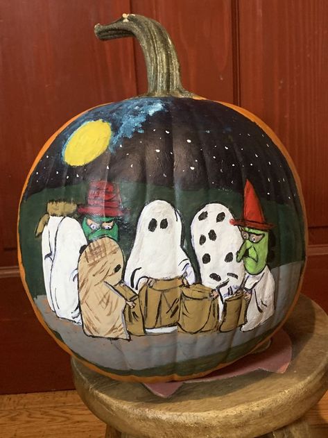 Hand painted pumpkin Halloween Pumpkin Designs Paint, Diy Pumpkins Painting, Cute Painted Pumpkin Ideas, Pumpkin Designs Painted, Fall Pumpkins Painting, Halloween Pumpkin Crafts, Creative Pumpkin Painting, Creative Pumpkin Decorating, Halloween Pumpkin Carving Stencils