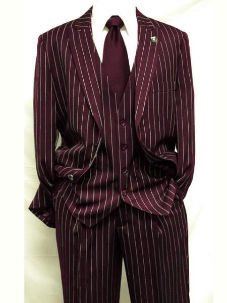 Mens Dark Burgundy ~ White Gangster Bold PinStripe Mars Vested 3 Piece Fashion Suit Pleated pant Vintage Pinstripe Suit, Devils Crossroads, 1920s Suit Mens, 50s Suits Mens, Pinstripe Suits Men, Red Pinstripe Suit, 20s Mens Fashion, 1920s Suit, Colorful Suits