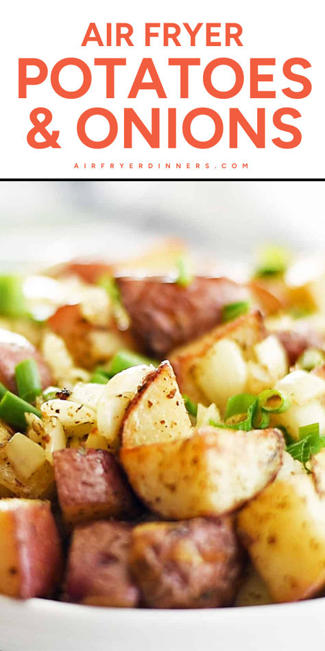 A must-try air fryer side dish recipe! This AIr fryer Potatoes and Onions recipe features crisp potato on the outside, tender and fluffy on the inside paired with soft caramelized onions, and is ready in 30 minutes. Pin this simple side dish recipe perfectly paired with your favorite air fryer dinner! Air Fryer Potatoes And Onions, Easy Air Fryer Dinners, Best Potato Side Dishes, Crisp Potatoes, Recipes For Dinner Party, Air Fryer Side Dishes, Weeknight Dinner Pasta, Air Fryer Vegetable, Vegetarian Air Fryer