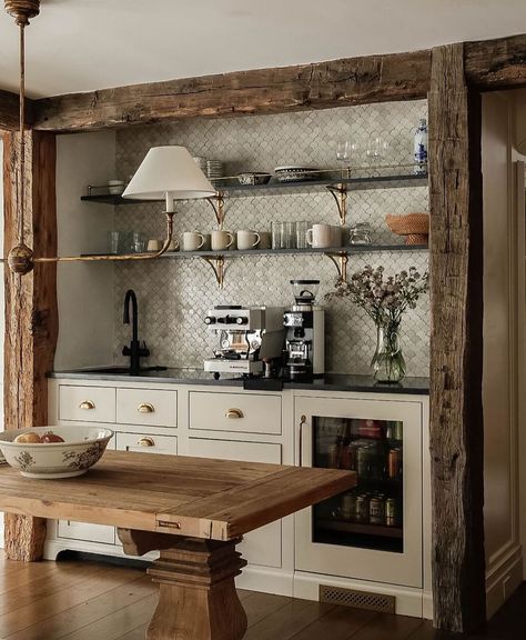 Home Coffee Bar, Style Deco, Amazing Spaces, Wooden Beams, Beautiful Tile, Classic Interior, Bath Furniture, Sacred Space, Interior Design Studio