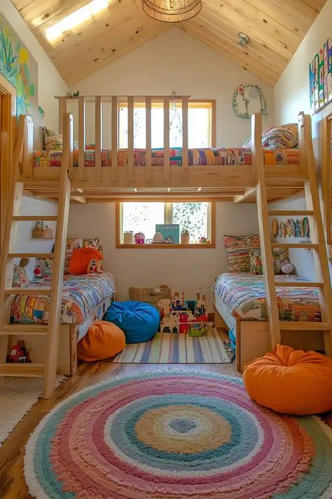 21 Lovely & Practical Shared Kids’ Room Ideas Sharing Bedroom With Toddler, Grandkid Room Ideas, Max And Lily Bunk Bed, Bunkbeds Design Small Room Kids, Bunk Bed In Front Of Window, Kids Room Shelving Ideas, Three Kids One Room, How To Split A Room Kids Shared Bedrooms, Shared Kids Room Ideas