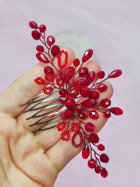 Red Headpiece, Holiday Shoot, Red Hair Accessories, Pearl Hair Piece, Hair Accessories Red, Handmade Hairpin, Evening Hairstyles, Crystal Hair Accessories, Crystal Hair Comb