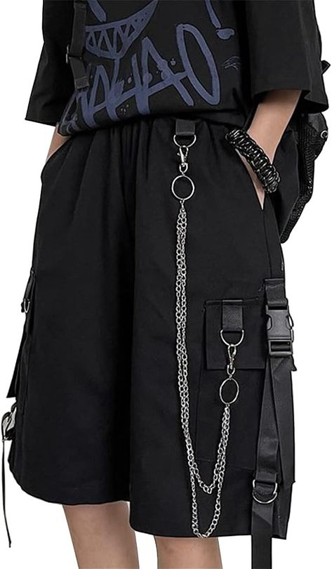 Women's Cargo Shorts with Chain Gothic Clothes Harajuku Goth Pants Multi-Pocket Punk Korean Clothes for Women Womens Techwear, Cargo Shorts Outfit, Goth Shorts, Goth Pants, Harajuku Goth, Techwear Pants, Cargo Shorts Women, Korean Clothes, Gothic Clothes