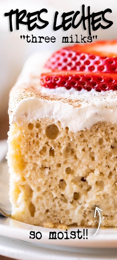 This homemade Tres Leches Cake recipe is soft and fluffy and soaked in three types of milk, for a Mexican dessert you won't be able to resist. Easter Tres Leches Cake, Tres Leches Cheesecake Recipe, Tres Leches Cake Recipe Authentic, Easy Tres Leches Cake, Mexican Bakery, Leche Cake, Mexican Desserts, Tres Leches Cake Recipe, Sugar Mama