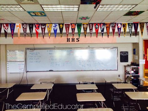 High School Classroom Decorations, College Pennants, Education Leadership, Classroom Decor Middle, High School English Classroom, Middle School Classroom Decor, College Counseling, Classroom Decor High School, Diy Classroom Decorations