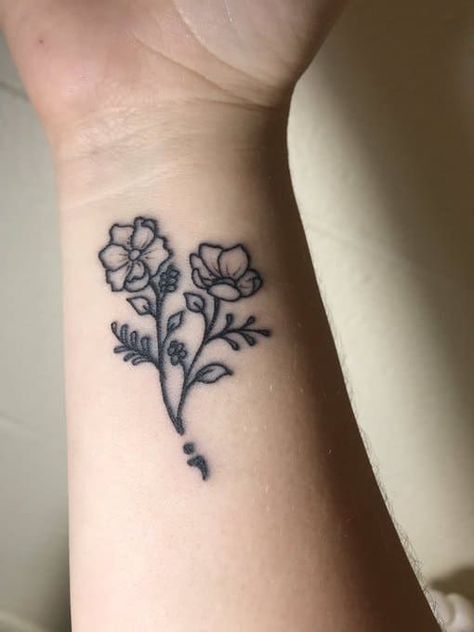 Wildflower Semicolon Tattoo, Small Semicolon Tattoo Wrist, Semi-colon Flower Tattoo Design, Flower Semi Colon Tattoos For Women, Flower With Semicolon Tattoo, Flower Semi Colon Tattoos, Simple Semicolon Tattoo, Semi Colon Tattoo Flower, Outside Wrist Tattoo