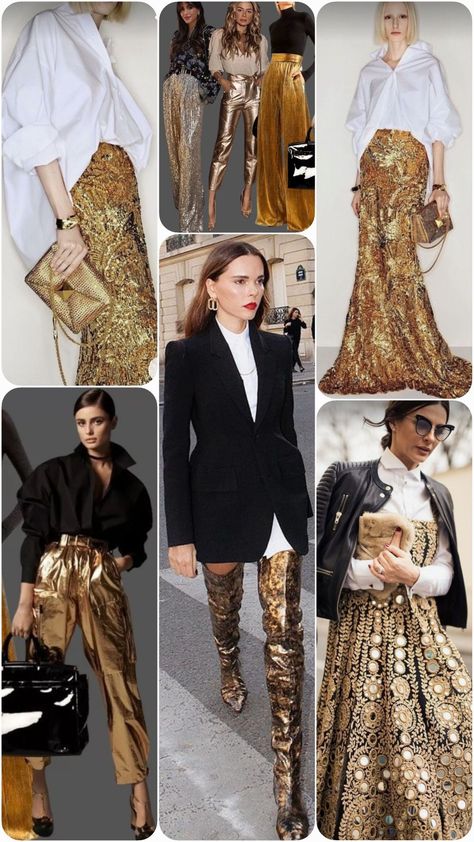 Gold Look Outfit, Gold Skirt Outfit Metallic, Golden Skirt Outfit, Silver And Gold Outfit, Gold Shirt Outfit, Boho Christmas Outfit, Gold Skirt Outfit, Warm Tone Outfits, Gold Dress Outfits