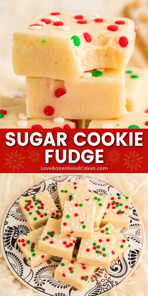 Sugar Cookie Fudge pin collage Icing Fudge Recipe, Easy Holiday Fudge, Cooktop Cove Recipes Dessert, Jalapeno Fudge Recipe, Paula Deen Fudge, Sugar Cookie Fudge Recipe, Fancy Fudge, Marshmallow Cream Fudge, Cookie Butter Fudge