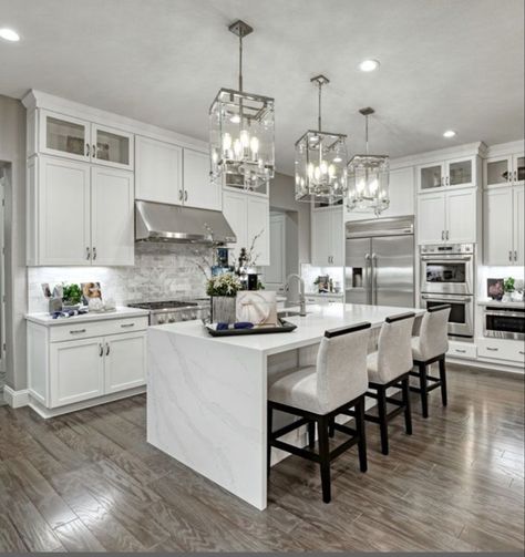 Two Pendant Lights Over Kitchen Island, Gourmet Kitchen Design, Hayward California, Open Concept Kitchen Living Room, Oven Hood, Waterfall Island, Серая Кухня, Glass Cabinets, American Kitchen