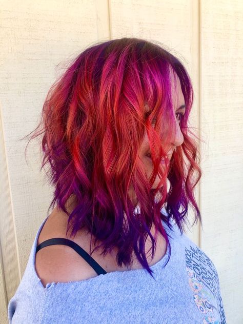 Sunset Hair Color Short Bob, Purple Pink Orange Hair, Desert Sunset Hair, Sunset Hair Color Short, Sunset Hair Color Ombre, Purple Orange Hair, Orange And Purple Hair, Purple And Orange Hair, Bright Colored Hair