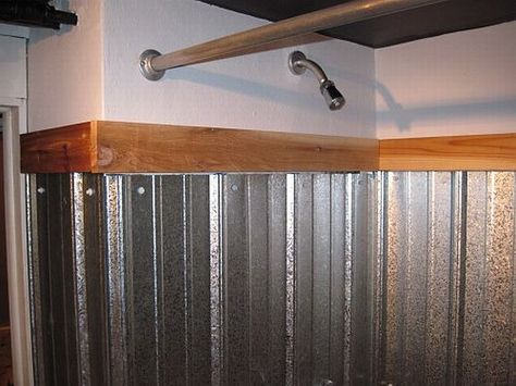 Corrugated Metal Shower, Galvanized Shower, Basement Toilet, Steampunk Bathroom, Grooming Ideas, Bathroom Shower Walls, Grooming Shop, Cheap Bathrooms, Grooming Salon