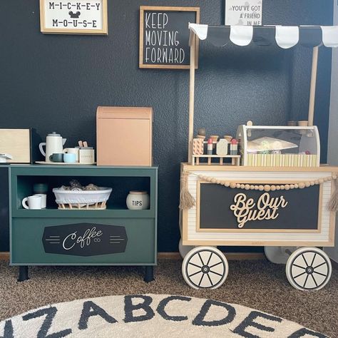 Coffee Shop Play Area, Kids Coffee Shop, Play Coffee Shop, Market Cart, Homeschool Room Design, Play Ice Cream, Indoor Playroom, Ikea Kitchen Remodel, Kids Market