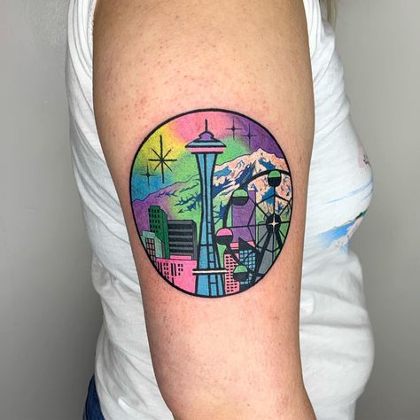 🍬₵🍬H🍬Ø🍬₵🍬H🍬Ø🍬₵🍬H🍬Ø🍬 on Instagram: “Seattle skyline 🏙💖💚💛💙✨ Done at @temperancetattoo_sf” Seattle Themed Tattoo, Seattle Washington Tattoo Ideas, Seattle Tattoo Ideas, Seattle Skyline Tattoo, Seattle Tattoos, Washington Tattoo, Watercolor Tattoo Artists, Video Game Tattoos, Skyline Tattoo