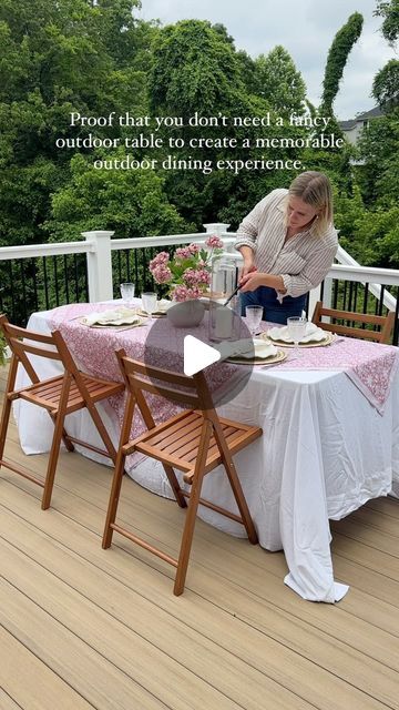 Tableshoppe Co. | Table Decor Bundles and Curated Home Decor on Instagram: "Can I hear it one more time for the folding table 👏🏻

How to get the look—

- folding table from @homedepot , teak folding chairs are @amazon 
- layered linens! I used a white linen flat sheet as the base layer and layered our Rosie Block Print tablecloth folded in half on top. (Available at tableshoppeco.com)
- Woven chargers for texture and warmth (available online at tableshoppeco.com)
- ruffle melamine dinner plates 
- Vintage style glassware 
- Napkins styled in a knot 
- faux florals, hurricane vases and pillar candles for the centerpiece

HOW TO SHOP— Comment “SHOP” and I’ll send you all the links for this outdoor dining setup! Follow @tableshoppeco to make sure the links make it in your inbox 🔗🔗🔗

FOLL Folding Table Tablecloth Ideas, Backyard Table, Woven Charger, Grand Millennial Decor, Plates Vintage, Linen Layers, Melamine Dinner Plates, Backyard Inspiration, Folding Chairs