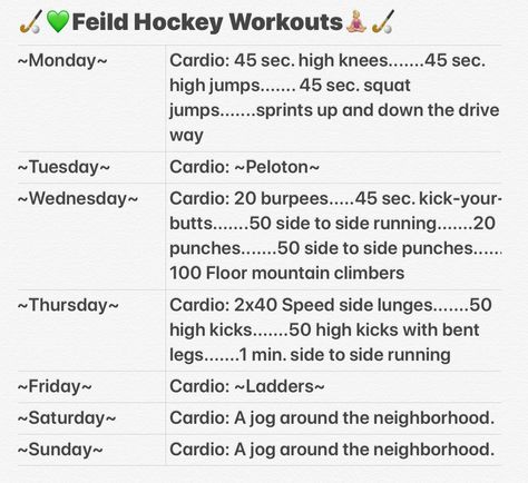 How to stay fit, and ways to train your body each day to train for field hockey games and practices! 🤩💚🏑🧘🏼‍♀️💪🏻✌🏻 Field Hockey Workouts At Home, Field Hockey Workouts Fitness, Hockey Practice Outfit, Field Hockey Workouts Training, How To Play Hockey, How To Get Better At Field Hockey, Field Hockey Bag Essentials, Field Hockey Conditioning Workouts, Field Hockey Drills Training