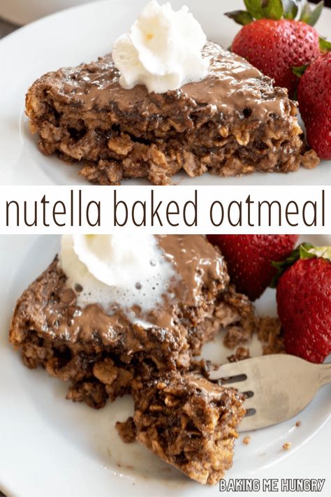 Baked Oats Chocolate, Nutella Breakfast, Baked Oats Recipe, Oatmeal Flavors, Healthy Nutella, Oats Chocolate, Baked Oatmeal Recipe, Protein Baking, Nutella Cheesecake