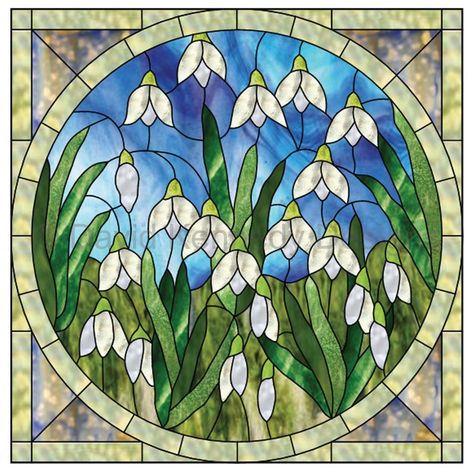 Snowdrops in the Round Stained Glass Pattern. © David Kennedy | Etsy Kare Motif, Mosaic Stepping Stones, Mosaic Pots, Mosaic Flower Pots, Stained Glass Pattern, Bead Projects, Stained Glass Flowers, Glass Pattern, Mosaic Garden