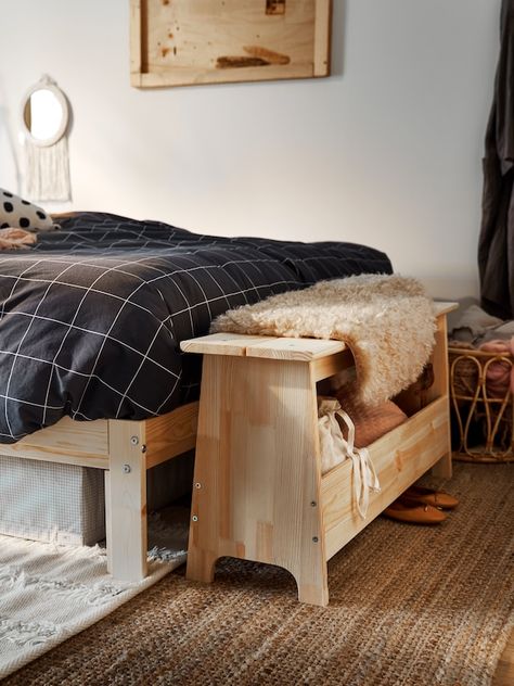 Yttervåg Bed, Ikea Perjohan, Bedroom Storage Hacks, Footstool With Storage, Storage Hacks Bedroom, Smart Bedroom, Big Cushions, Bed Classic, Extra Bedroom