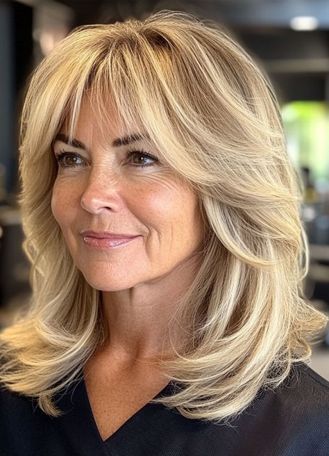 Haircuts For Women Over 60 Medium Length Fine Hair, Bangs To Frame Face, Cute Haircuts For Medium Length Hair, Layers In Hair Medium, 90s Blowout Mid Length Layers, Long Hair Styles Over 50, Hairstyles For Long Length Hair With Layers, Blonde Hair For 50 Year Old Women, Mid Length Hair Cut With Layers And Curtain Bangs