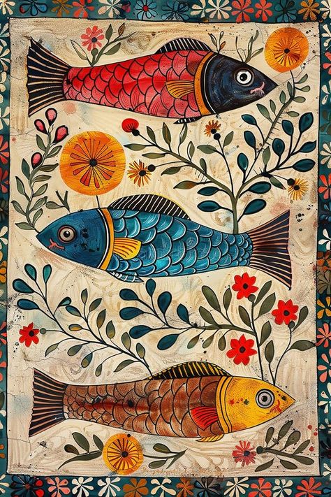 Traditional colorful Madhubani painting of fish on a textured background. royalty free illustration Madhubani Fish Design, Madhubani Paintings Traditional, Traditional Madhubani Art, Painting Of Fish, Long Artwork, Background With Flowers, Birthday Illustration, Arabic Pattern, Flowers Illustration