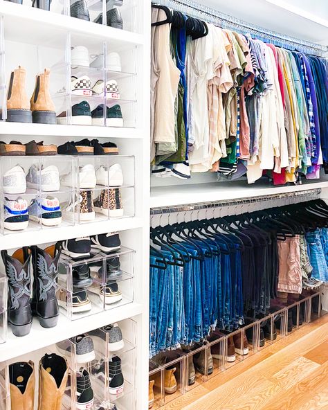 Shop our shoe storage solutions to make the most of vertical space, and maximize small spaces in your closet. Organize His And Her Closet, Closet Built In Organization, Scrub Organization Closet, Closet Organization With Shoe Storage, Shoe Storage In Master Closet, Pant Closet Organization, Under Window Closet Storage, Diy Wardrobe Rack, Maximize Shoe Storage