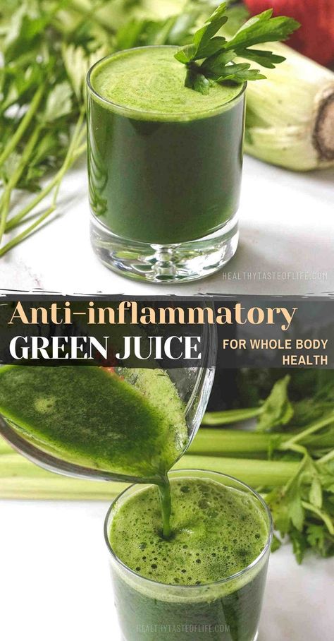 A super anti-inflammatory juice recipe loaded with inflammation-fighting ingredients like celery, collard greens, parsley, and apple. Drinking this green juice for inflammation will help regulate inflammatory symptoms, increase antioxidant and vitamin intake while giving your digestive system a rest. #inflammationjuice #antiinflammatoryjuice #recipe #juiceforinflammation #greenjuice Super Green Juice Recipe, Juice For Inflammation, Steakhouse Burgers, Inflammation Juice, Inflammation Smoothie, Antioxidant Juice, Green Juice Cleanse, Health Juice, Drink Green Juice