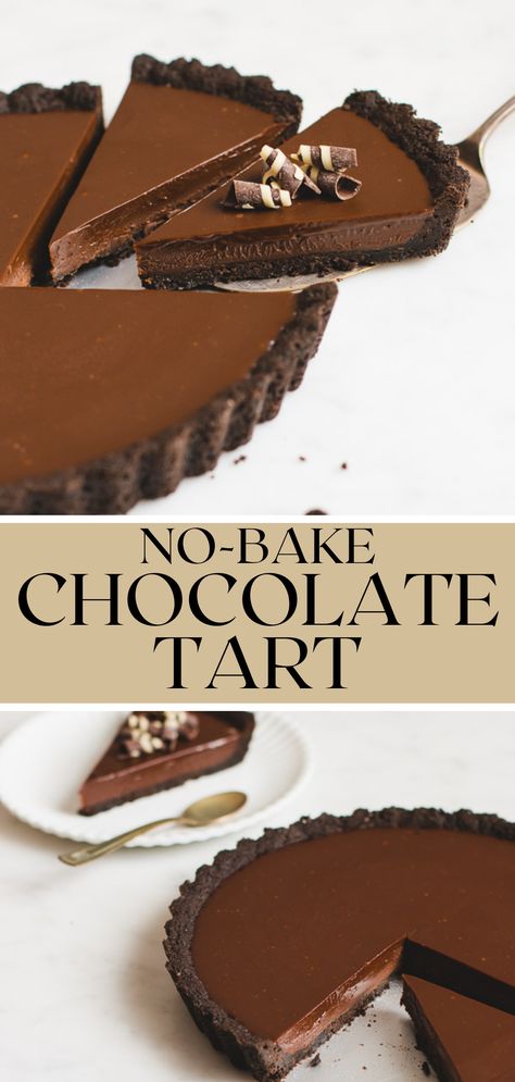 Happy Valentine's Day!! In case you're wondering, the way to my heart is through CHOCOLATE!! 🍫 This incredibly easy, no-bake chocolate tart is made with a simple Oreo crust and rich chocolate ganache filling made with both milk and dark chocolates. You won’t be able to eat just one piece! No Bake Tart Crust, Chocolate Tart Cake, No Bake Chocolate Tart Recipe, Tart Recipes Chocolate, No Bake Chocolate Desserts Easy, Easy Tarts Desserts, No Bake Tarts, Chocolate Crostata, Thanksgiving Desserts Chocolate