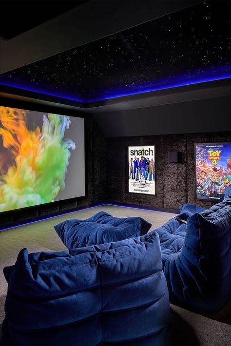 Home cinema design Farnham Cinema Attic Room, Chill Lounge Room Ideas, Small Room Movie Theater, Home Movie Theater Seating, Family Cinema Room, Cinema And Games Room, Cozy Cinema Room, Loft Cinema Room, Attic Home Theater