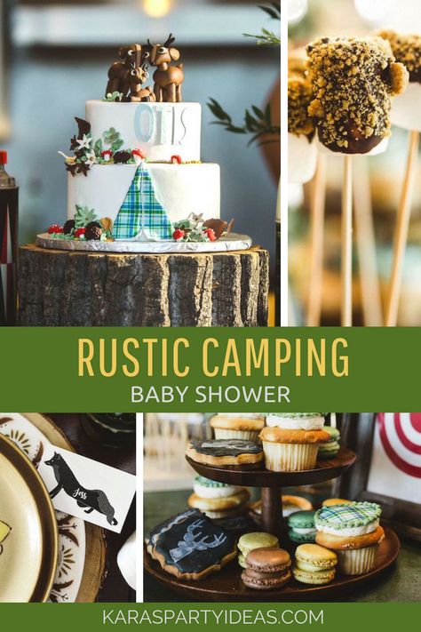 Rustic Camping Baby Shower via Kara's Party Ideas - KarasPartyIdeas.com Outdoorsy Baby Shower, Baby Shower Ideas Themes, Camping Baby Shower Theme, Themed Baby Shower Ideas, Boy Shower Themes, Rustic Camping, Camping Baby, Adventure Baby Shower, Camping Theme Party