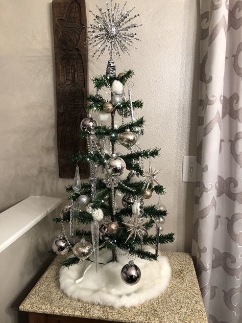 Silver on a green tree Artificial Silver Tip Christmas Tree, Mini Silver Christmas Tree, Silver Artificial Christmas Tree, Red Black And White Tiny Tree, Chrismaat Tree Light Green And Silver, Mini Christmas Tree Decorations, Green And Silver, Tabletop Christmas Tree, Green Tree