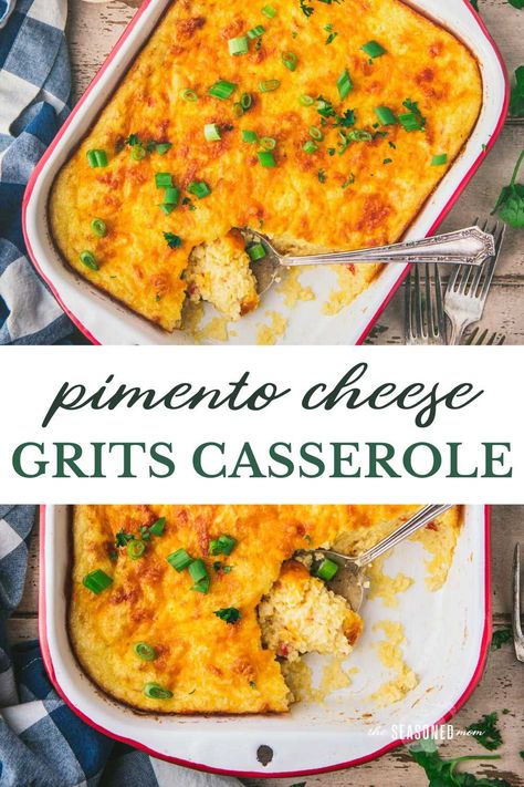 This pimento cheese grits casserole is an easy way to prepare baked grits for breakfast, brunch, or dinner! Delicious on its own as a vegetarian entrée, or perfect alongside sausage, shrimp, bacon, and chicken! Baked Grits, Pimento Cheese Grits, Cheese Grits Casserole, Grits And Eggs, Oven Fried Fish, Sausage Shrimp, Grits Casserole, Kentucky Derby Party Food, How To Cook Grits