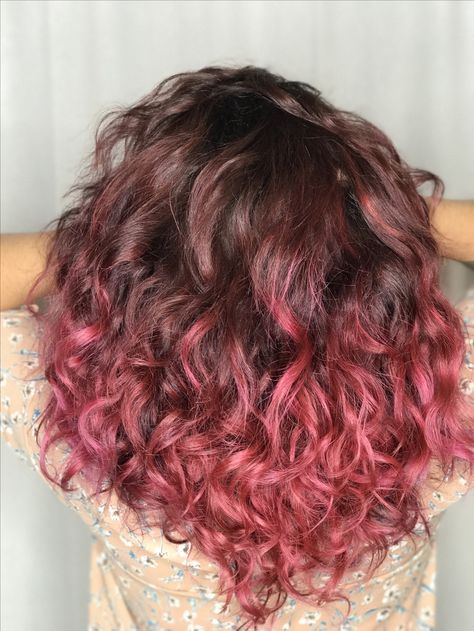 Short Curly Brown Hair With Pink Highlights, Curly Hair With Pink Tips, Pink Tips Curly Hair, Short Curly Hair With Pink Highlights, Pink And Black Hair Curly, Pink Brown Curly Hair, Curly Hair With Color Underneath, Pink Hair On Curly Hair, Curly Pink Hair Aesthetic