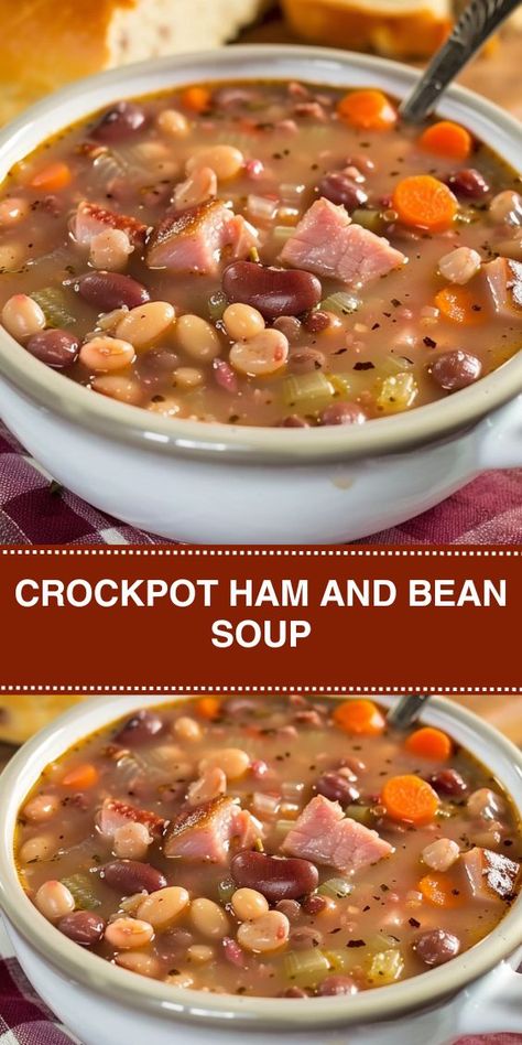 Looking for a comforting and hassle-free meal idea? Our Slow Cooker Ham and Bean Soup recipe is here to save the day! Packed with savory ham, a variety of veggies, and nutritious beans, this dish is perfect for busy weeknights or lazy weekends. Simply toss everything into the slow cooker and let it work its magic while you go about your day. With ingredients like diced ham, carrots, celery,... Ham And Beans In The Crockpot, Ham And Beans Soup Crockpot Recipes, Crockpot Soup Beans And Ham, Bean And Ham Soup Recipes Crock Pot, Soup Beans And Ham Crock Pots, Crockpot Bean And Ham Soup, Easy Ham And Bean Soup Crockpot, Ham Soup In Crockpot, Slow Cooker Beans And Ham