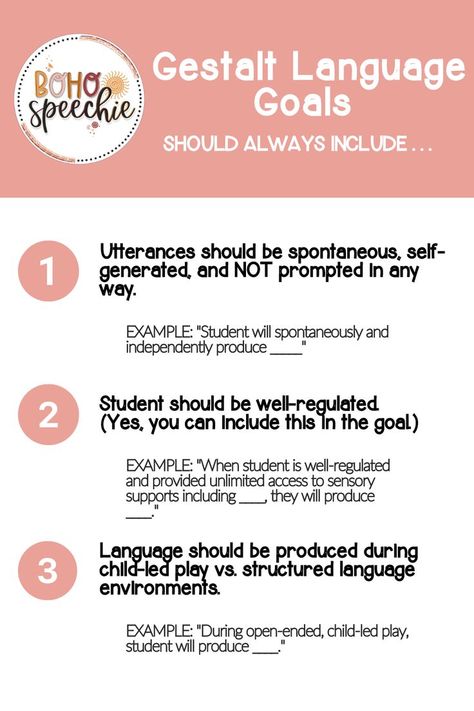 When writing gestalt language goals, consider these conditions. Conditions may look very different than what you may be used to but language must be independently and joylously produced during open-ended, well sensory-regulated play in order to move children through the stages of natural language acquisition. Natural Language Acquisition, Gestalt Language Processing Goals, Gestalt Language Processing Activities, Gestalt Language Processing, Speech Language Pathology Grad School, Early Intervention Speech Therapy, Speech Therapy Shirts, Speech Therapy Games, Speech Language Activities