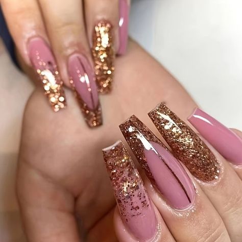 24pcs Pink Long Coffin Fake Nails With Golden Glitter Design Gel Nails Square Long, Falling Glitter Nail Art, Long Natural Nails Designs, Gold Glitter Nail Designs, Fall Gold Nails, Pink Nails With Gold Glitter, Classy Pink Nails, Gold Nail Inspiration, Pedi Inspiration