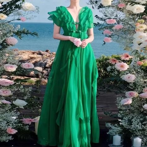 Just found this amazing item on AliExpress. Check it out! C$46.58  19％ Off | Runway 2024 Spring Summer Green Holiday Maxi Dress Elegant Women Sexy Bow V Neck Ruffles Chiffon High Waist Party Long Clothes Runway 2024, Maxi Dress Elegant, Holiday Maxi Dress, Long Clothes, 2024 Spring Summer, Summer Green, A Line Dresses, Chiffon Ruffle, Dress Elegant