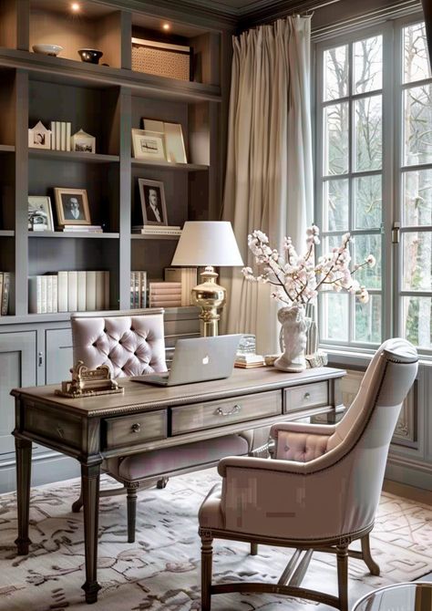 Feminine Professional Office, Transitional Office Design Inspiration, Women’s Office At Home, Shabby Chic Office Ideas Workspaces, Woman's Office Ideas, Feminine Office Design, Office Sitting Area Ideas, French Farmhouse Office, Duck Egg Blue Office